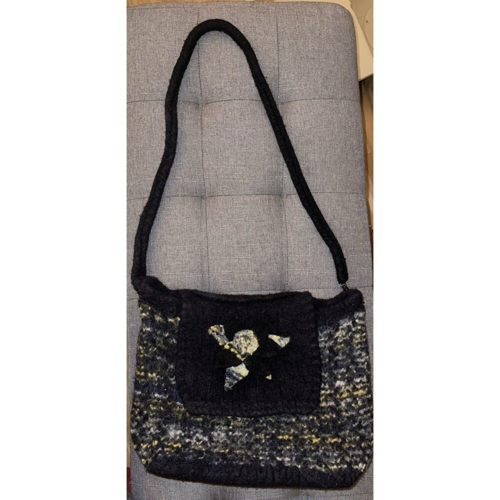 One Of A Kind Handmade Wool Art Purse Flower Black 9" x 13"